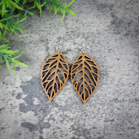 Wooden Leaf Dangle Earrings – Birch Wood Autumn Jewelry