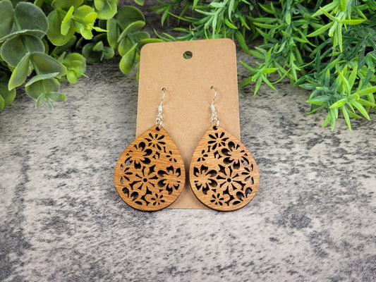 Bouquet Teardrop Earrings – Retro Floral Birch Wood Dangles