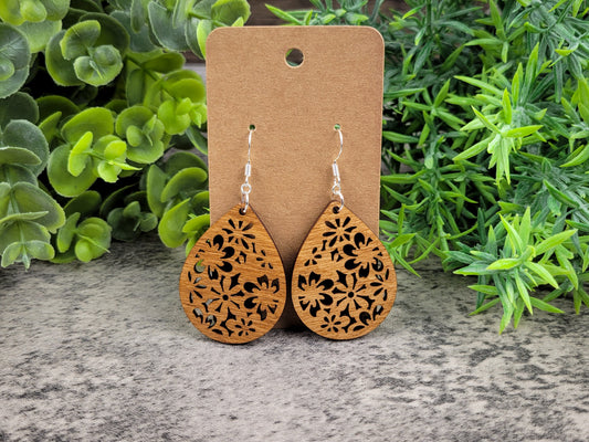Bouquet Teardrop Earrings – Retro Floral Birch Wood Dangles