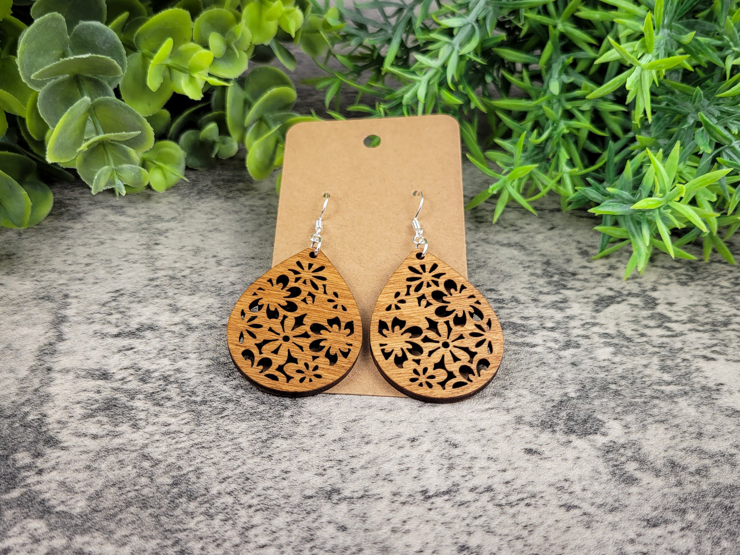 Bouquet Teardrop Earrings – Retro Floral Birch Wood Dangles