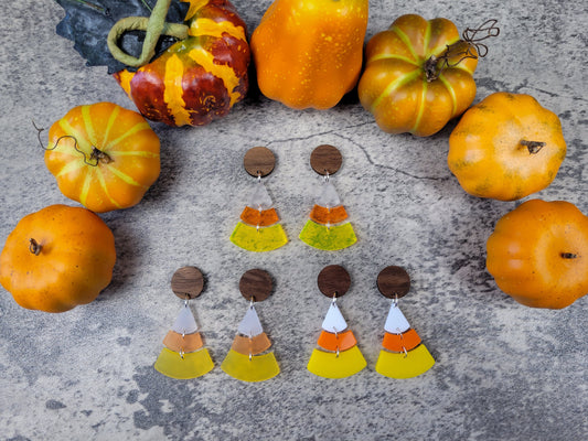 Candy Corn Dangle Earrings — Acrylic & Walnut