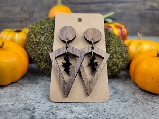 Bat Dangle Earrings — Black Acrylic Halloween Jewelry