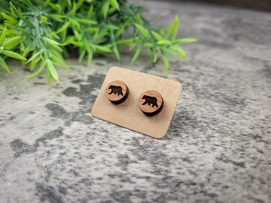 Bear Stud Earrings – Handmade Mahogany for Nature Lovers