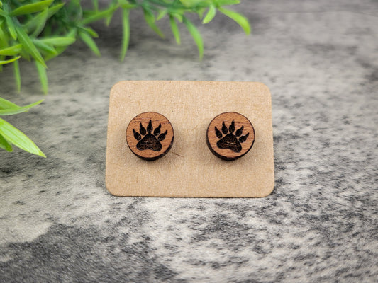 Bear Paw Stud Earrings – Handcrafted Mahogany Wood Jewelry