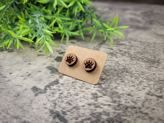 Bear Paw Stud Earrings – Handcrafted Mahogany Wood Jewelry