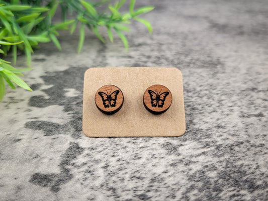 Mini Butterfly Stud Earrings – Handcrafted Mahogany Wood Jewelry