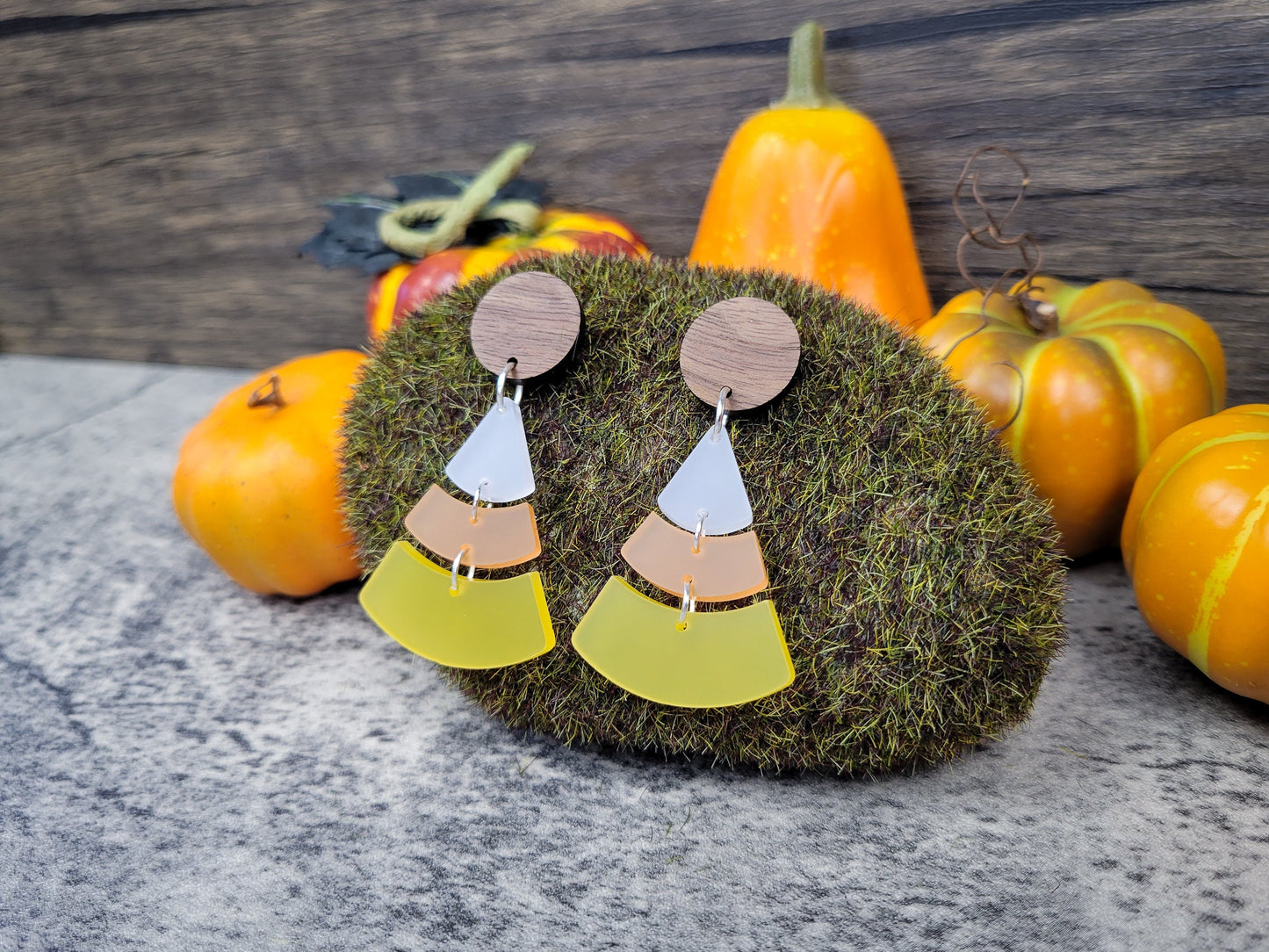 Candy Corn Dangle Earrings — Acrylic & Walnut