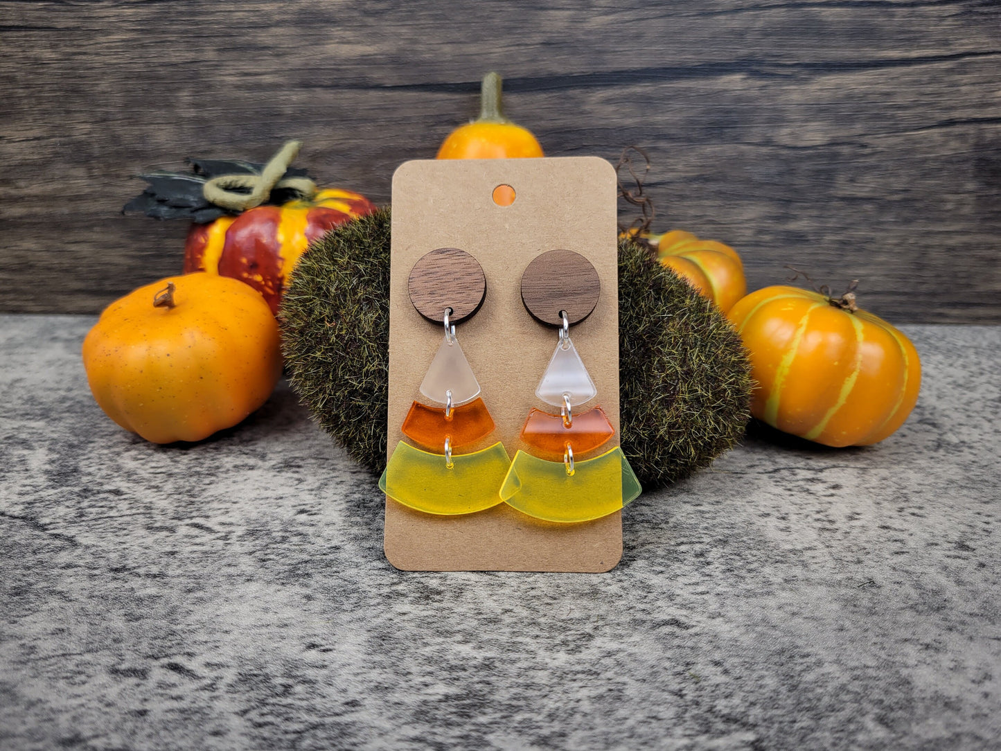 Candy Corn Dangle Earrings — Acrylic & Walnut