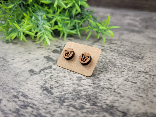 Mini Butterfly Stud Earrings – Handcrafted Mahogany Wood Jewelry