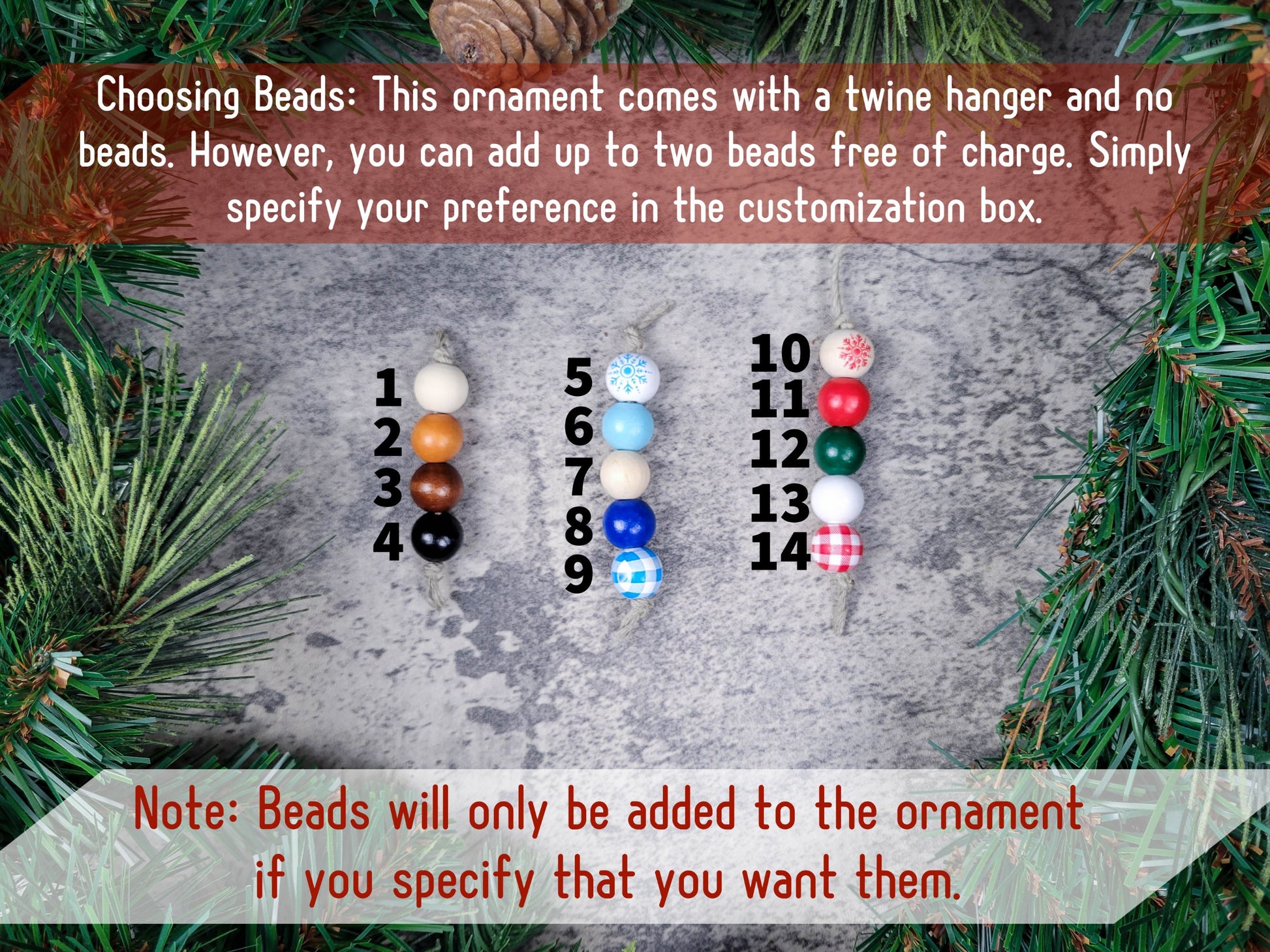 Customization options for a Christmas ornament with beads on a textured surface surrounded by greenery.