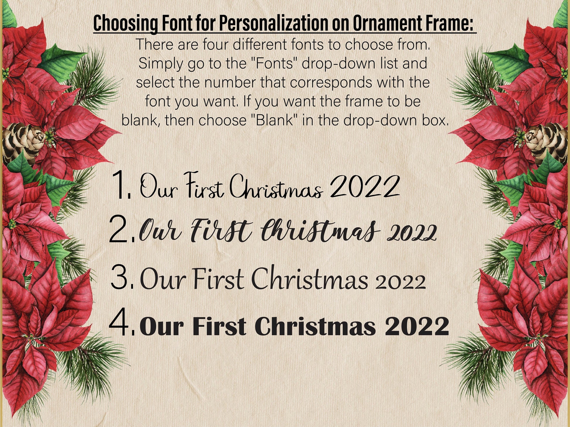 Font options for a Christmas ornament frame with poinsettias and pine cones.