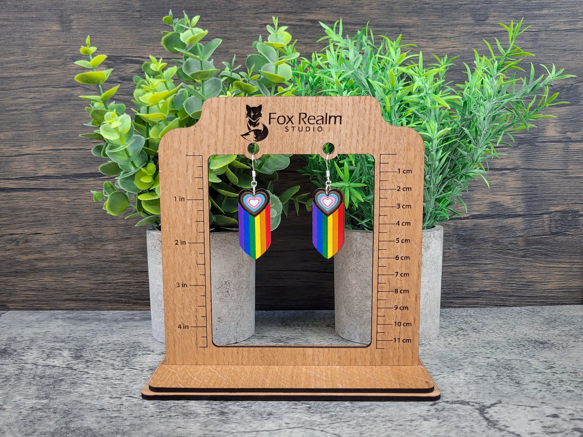 Rainbow heart earrings on a wooden stand with measurements and plants in the background