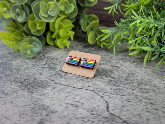 Pair of rainbow striped earrings on cardstock with green foliage in the background