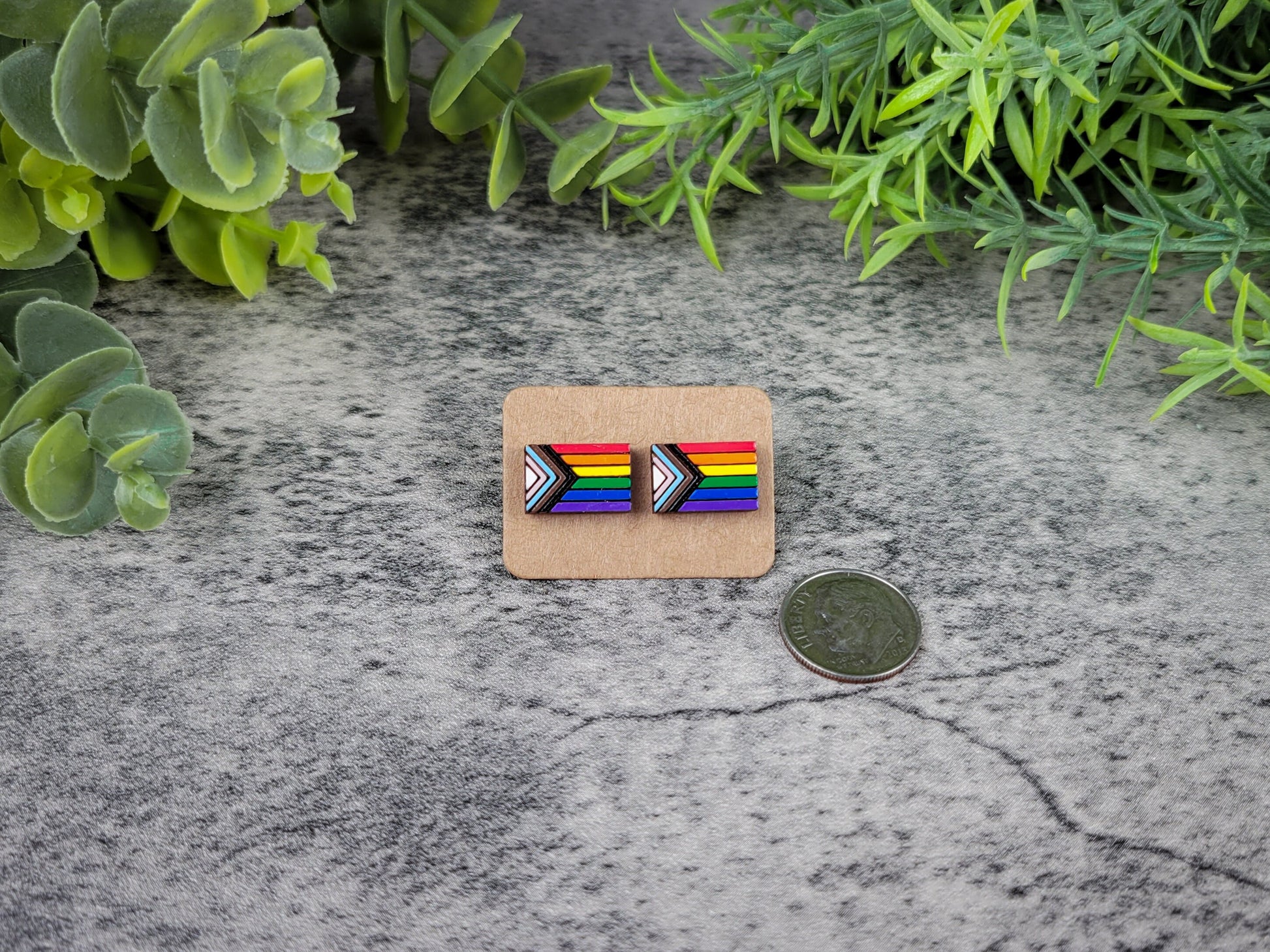 Pair of earrings with rainbow and black and white pattern on a cardboard backing, placed on a textured surface with greenery.