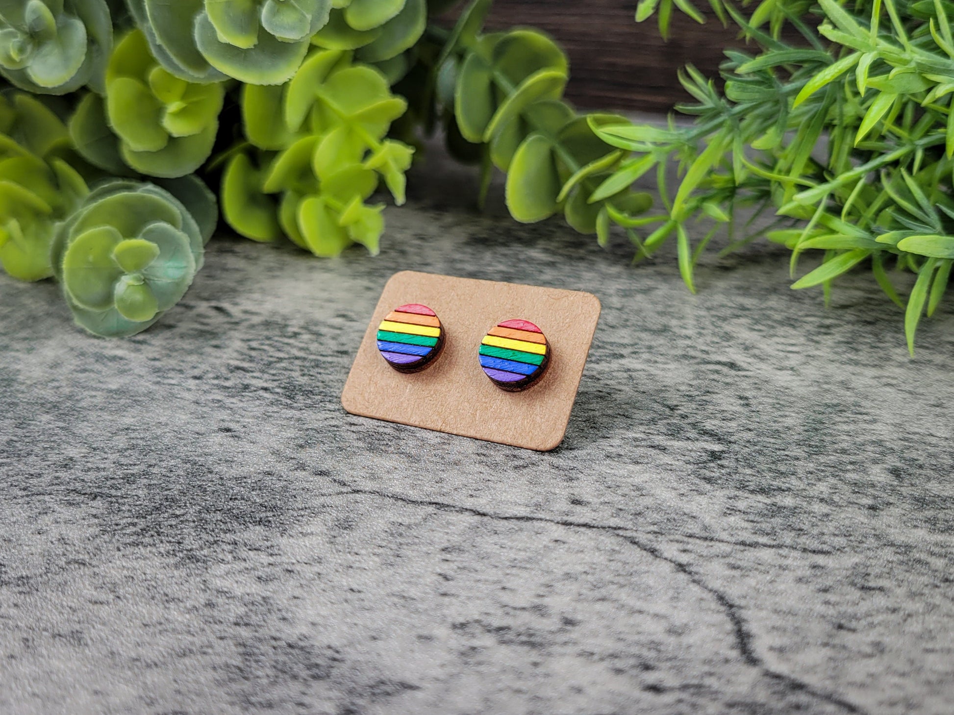 Rainbow striped earrings on a cardboard backing with green leaves in the background