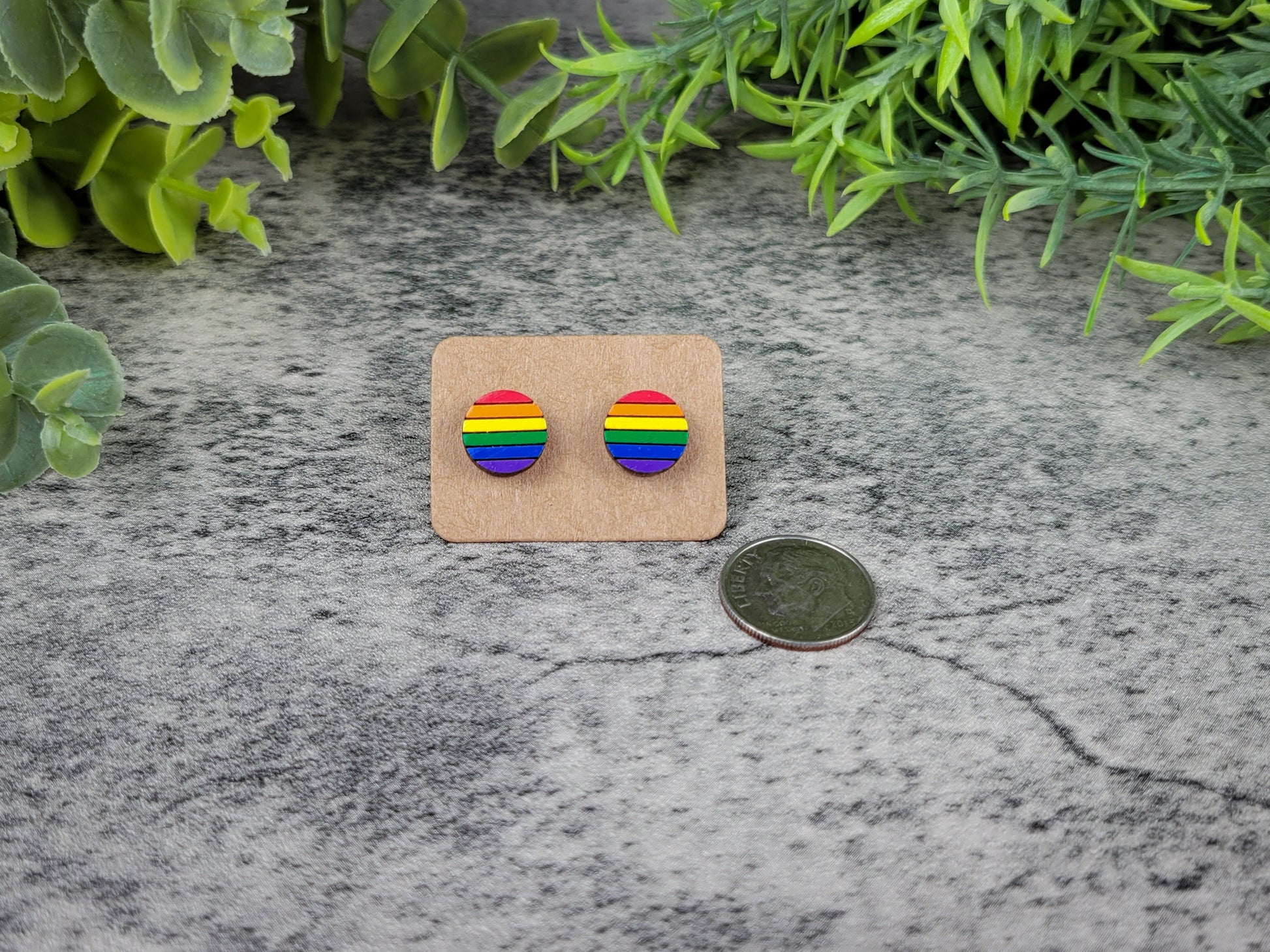 Pride flag earrings on a wooden card with a coin for scale, placed on a textured surface with greenery.