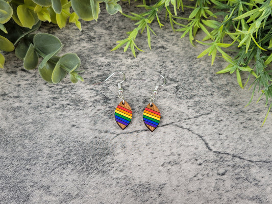 Rainbow heart-shaped earrings on a stone surface with greenery around.