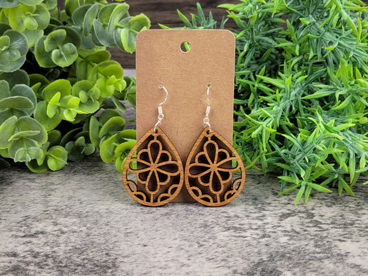 Laser-cut wooden summer flower teardrop earrings with silver ear wires – front view