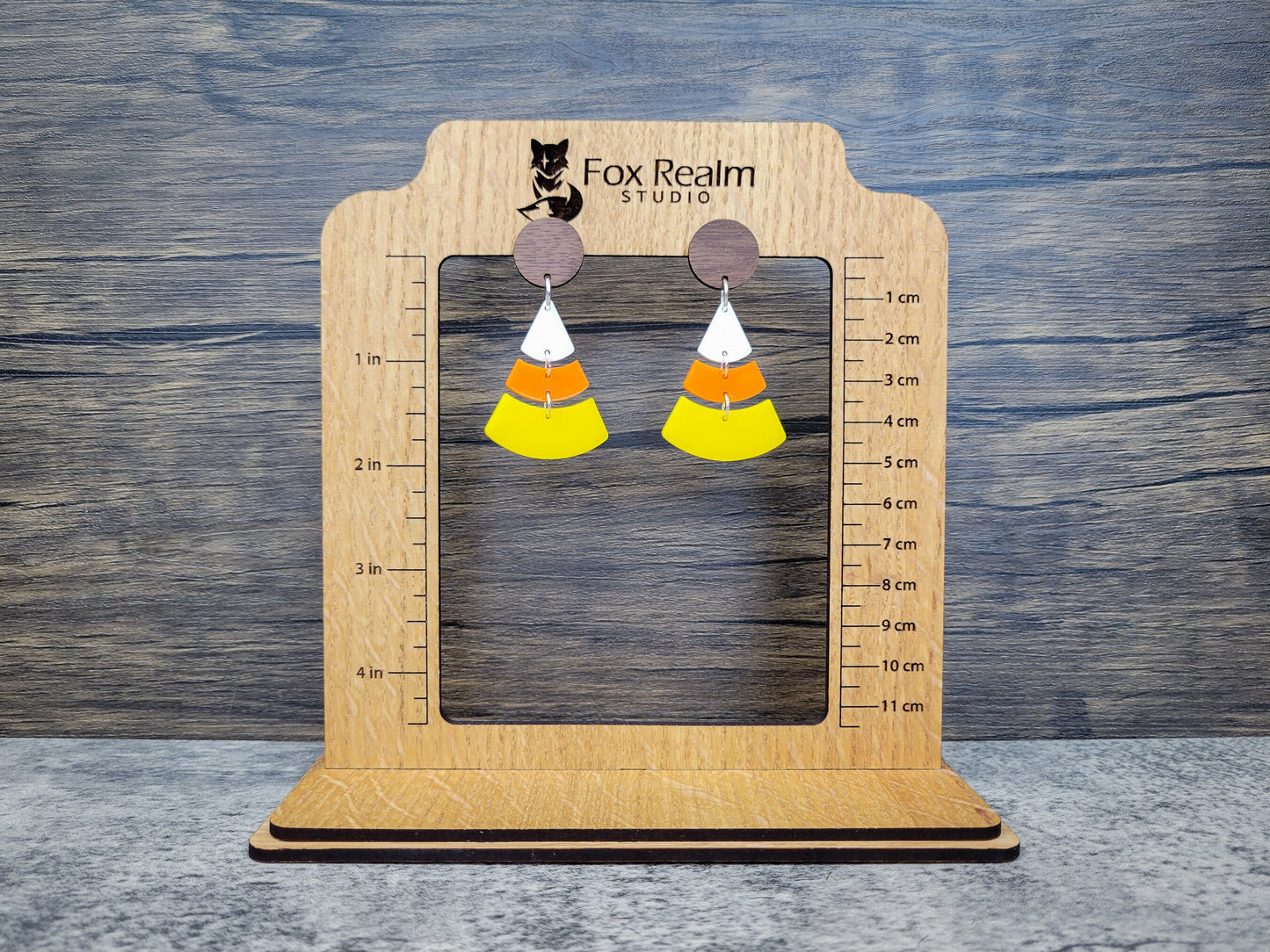 Candy Corn Dangle Earrings — Acrylic & Walnut