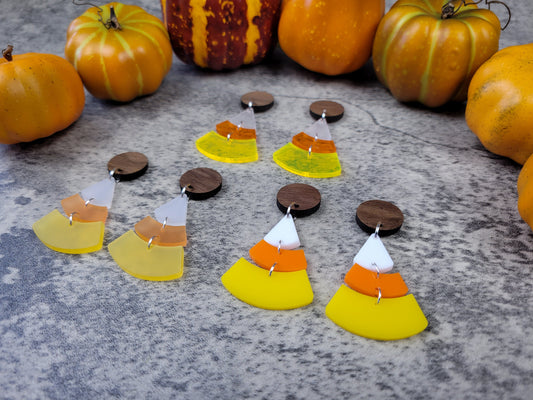 Candy Corn Dangle Earrings — Acrylic & Walnut