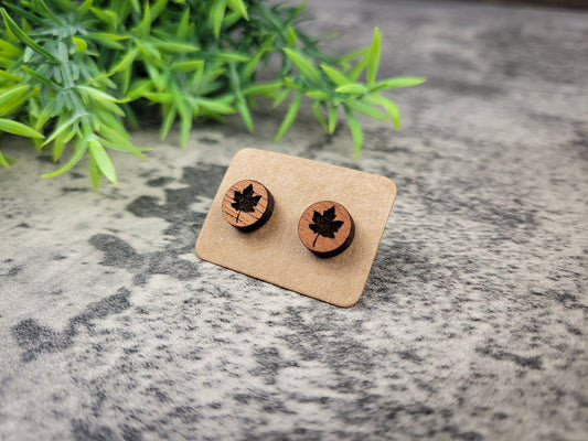 Maple Leaf Stud Earrings – Handmade Mahogany Fall Jewelry