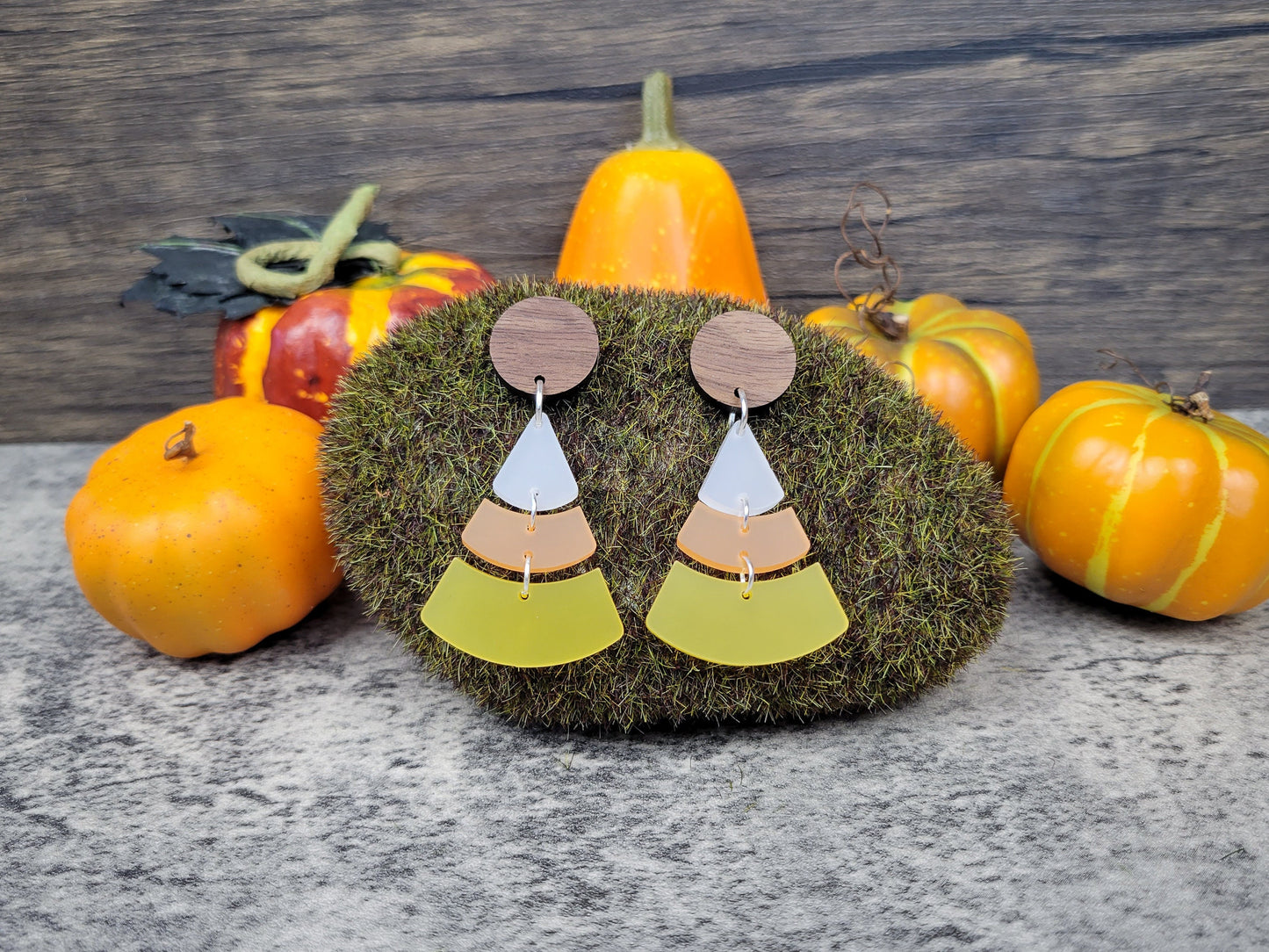 Candy Corn Dangle Earrings — Acrylic & Walnut