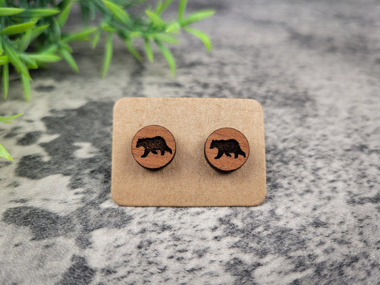Bear Stud Earrings – Handmade Mahogany for Nature Lovers