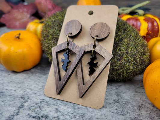 Bat Dangle Earrings — Black Acrylic Halloween Jewelry