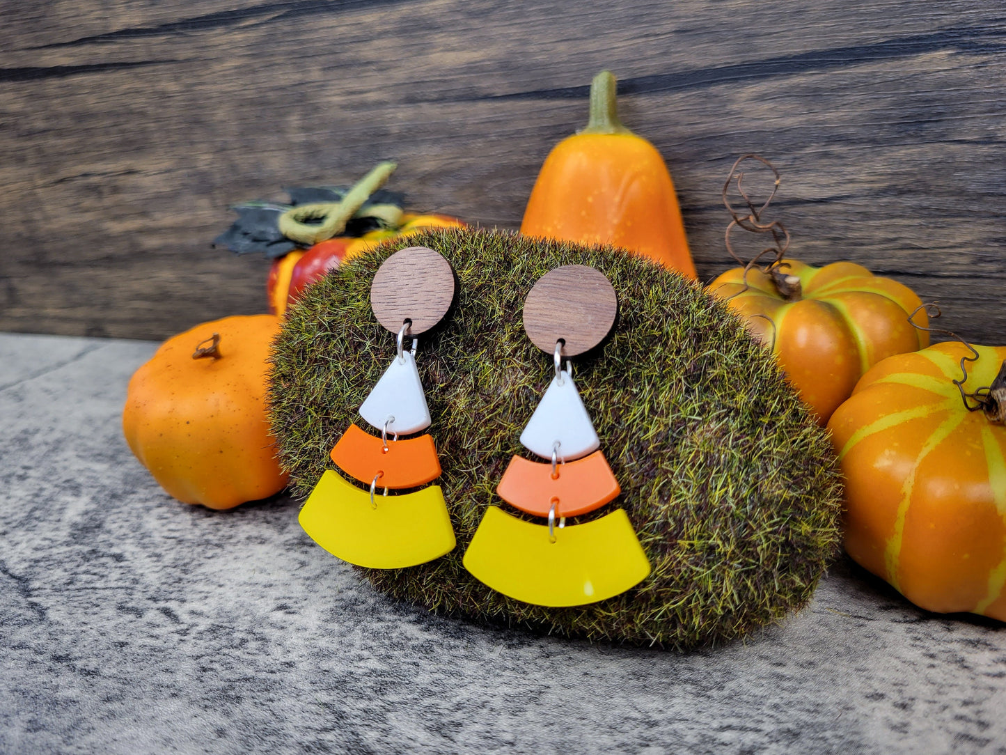 Candy Corn Dangle Earrings — Acrylic & Walnut