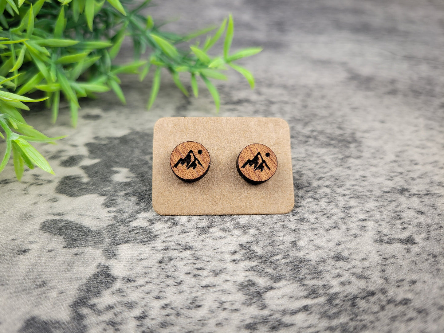 Mountain Stud Earrings – Handcrafted Mahogany Wood Jewelry