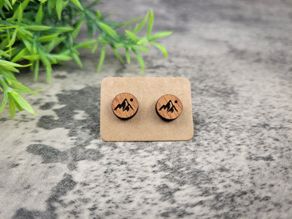 Mountain Stud Earrings – Handcrafted Mahogany Wood Jewelry