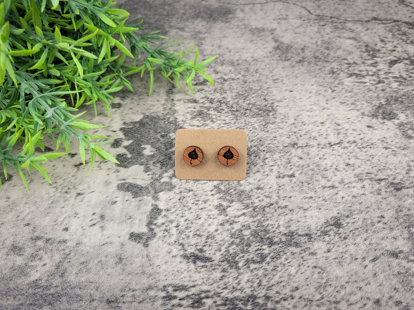 Mini Aspen Leaf Stud Earrings – Handcrafted Mahogany Wood Nature Jewelry