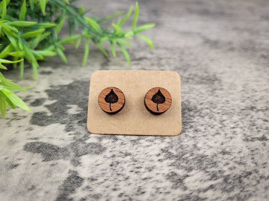 Mini Aspen Leaf Stud Earrings – Handcrafted Mahogany Wood Nature Jewelry