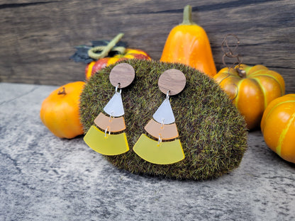 Candy Corn Dangle Earrings — Acrylic & Walnut