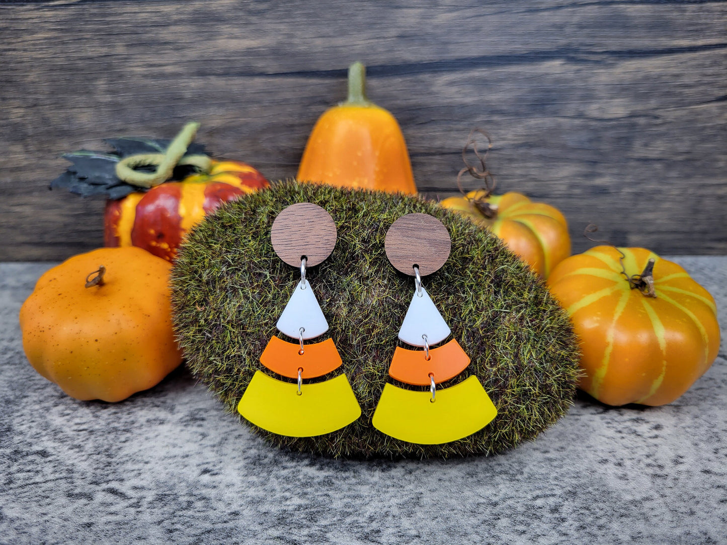 Candy Corn Dangle Earrings — Acrylic & Walnut
