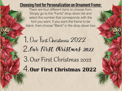 Font options for a Christmas ornament frame with poinsettias and pine cones.