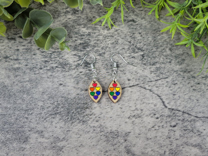 Small Almond Hearts Gay Pride Dangles – Maple Wood Rainbow Earrings
