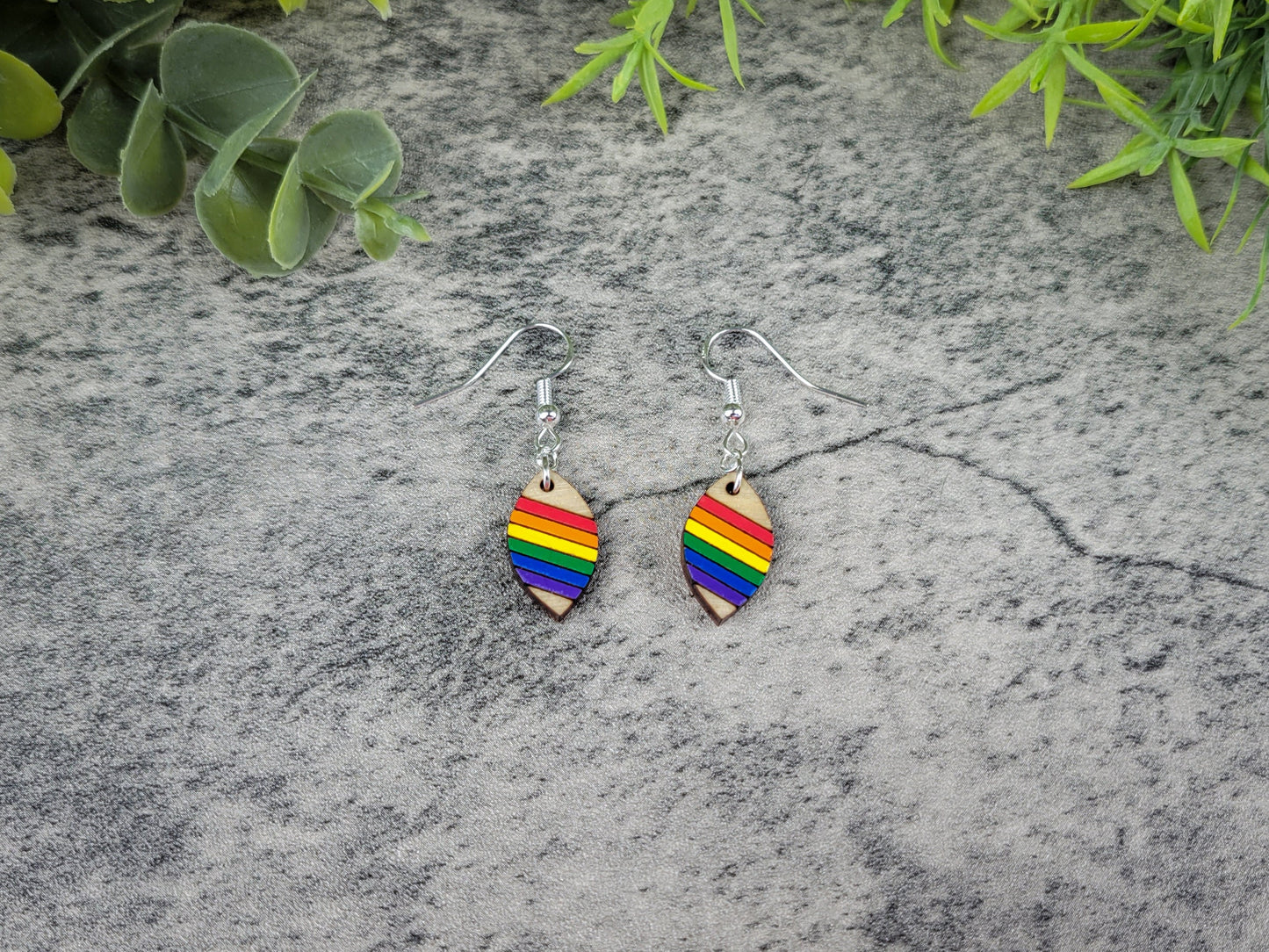 Rainbow striped earrings on a gray stone surface with greenery.