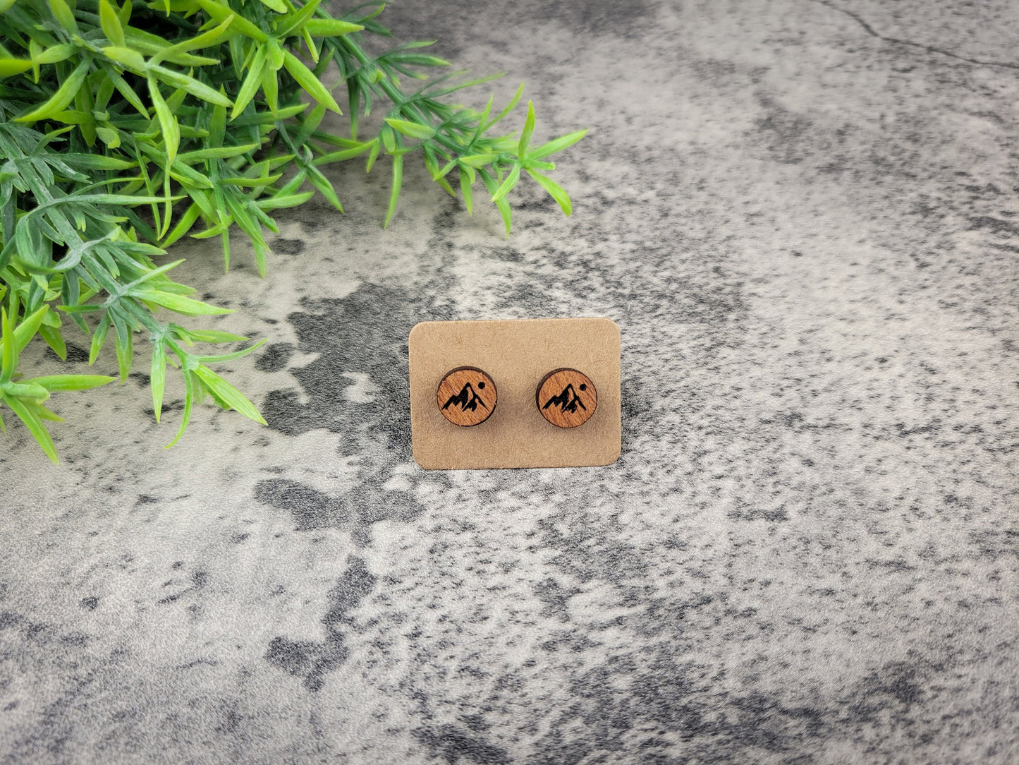 Mountain Stud Earrings – Handcrafted Mahogany Wood Jewelry