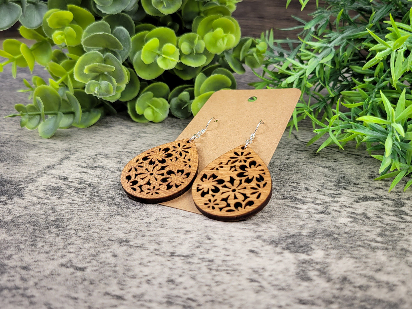 Bouquet Teardrop Earrings – Retro Floral Birch Wood Dangles