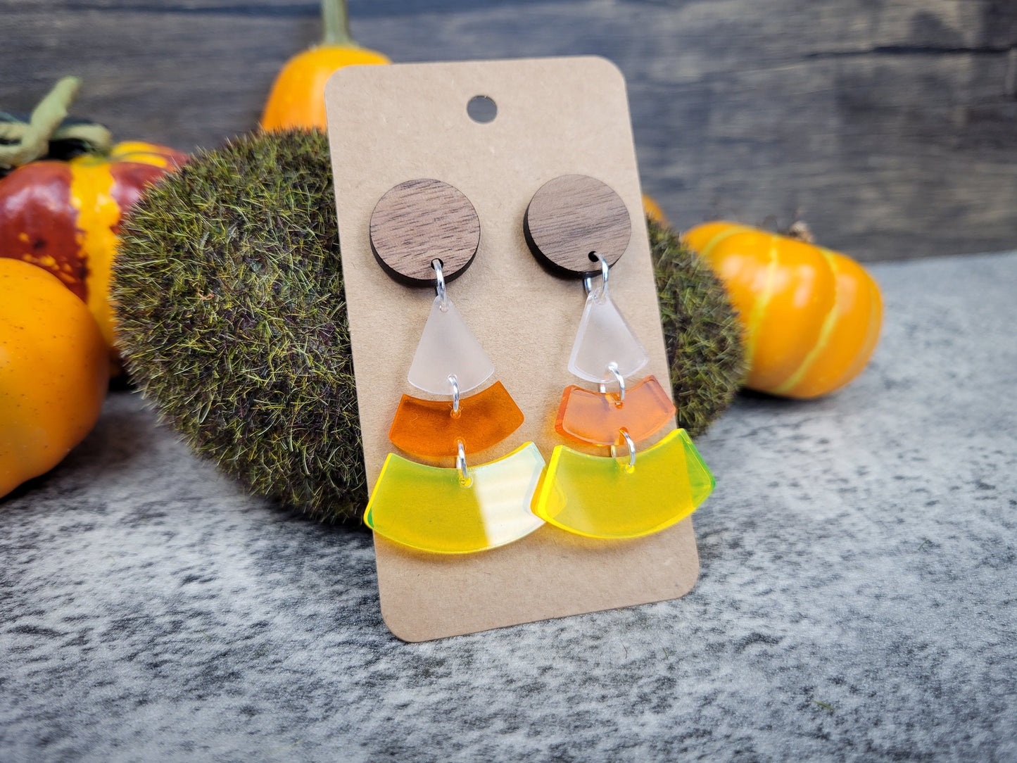 Candy Corn Dangle Earrings — Acrylic & Walnut