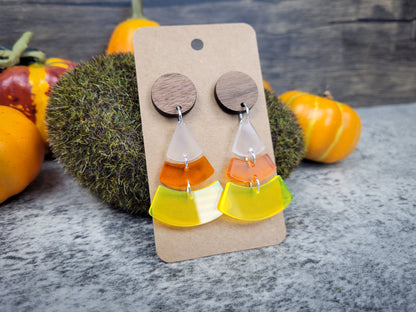 Candy Corn Dangle Earrings — Acrylic & Walnut